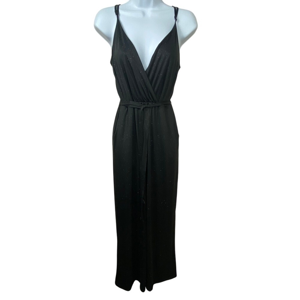 NWT Stilettos Black Glitter Wrap-Style Jumpsuit Tie Waist Spaghetti Straps Sz S